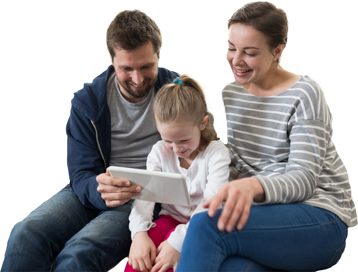 Family sitting and smiling at a tablet